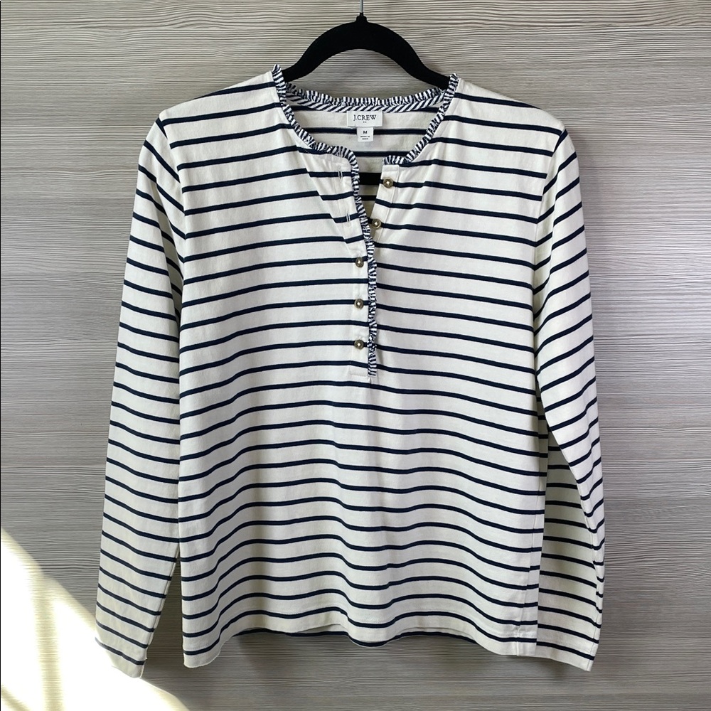 J. Crew Striped Ruffle Collar Navy and White Striped Henley Top Size Medium